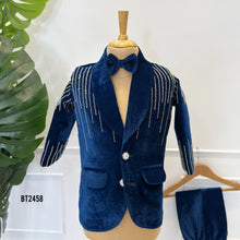 Load image into Gallery viewer, BT2458 Midnight Sparkle Velvet Baby Boy Blazer with Crystal Line Embroidery 💙✨