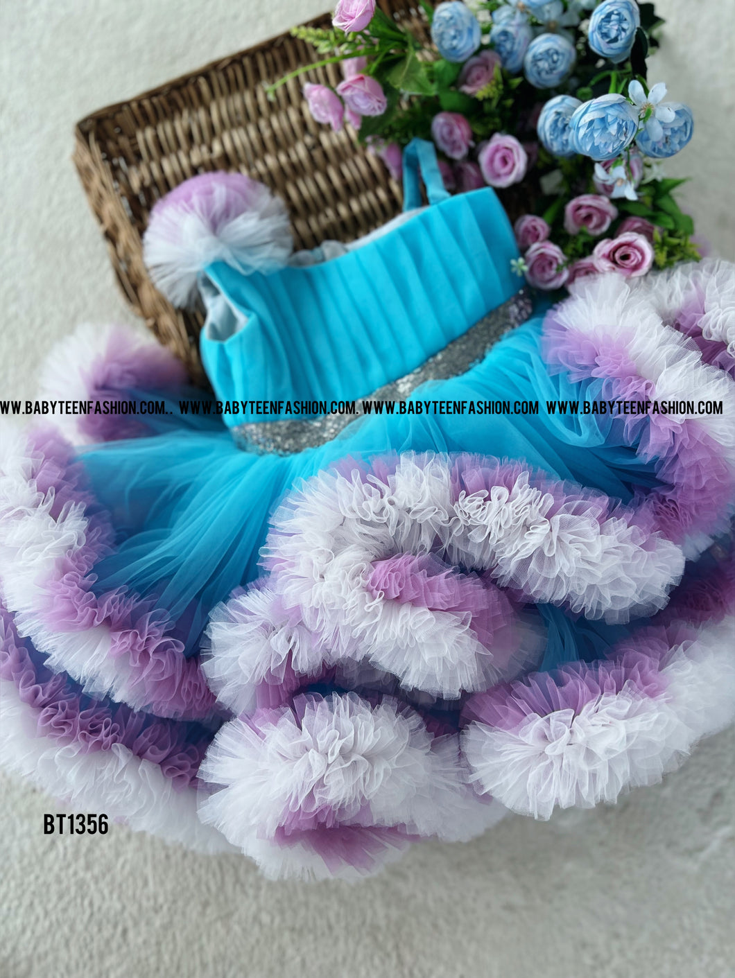 BT1356 Azure Blossom Festive Frock - Blooms of Elegance for Your Little One