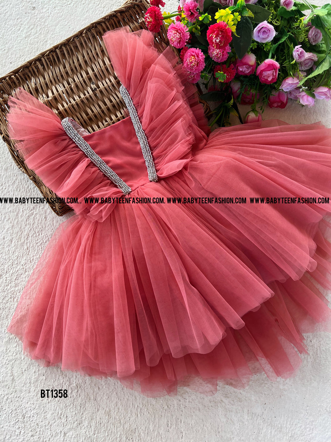 BT1358 Coral Enchantment Flair Dress - A Whirl of Delight for Tiny Dancers