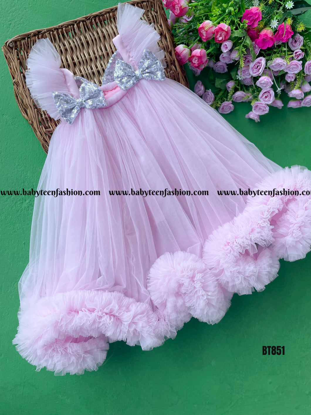 BT851 Glitter Bow & Floral Hem Pink Dress  Twirl into a Fairytale