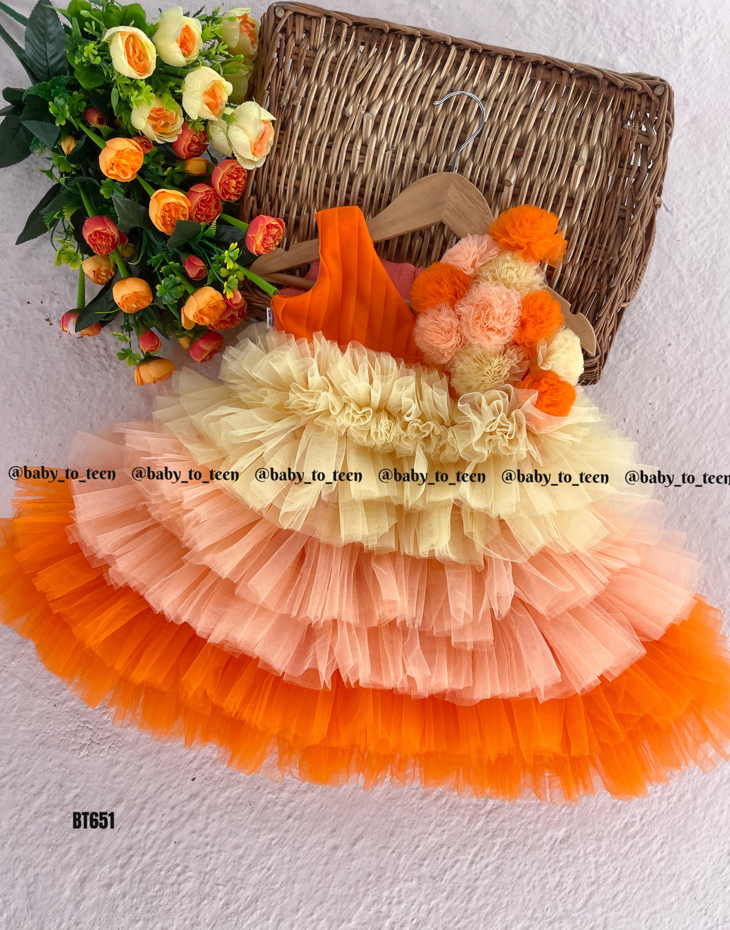 BT651 Sunset Ruffle: Vibrant Orange Gradient Dress