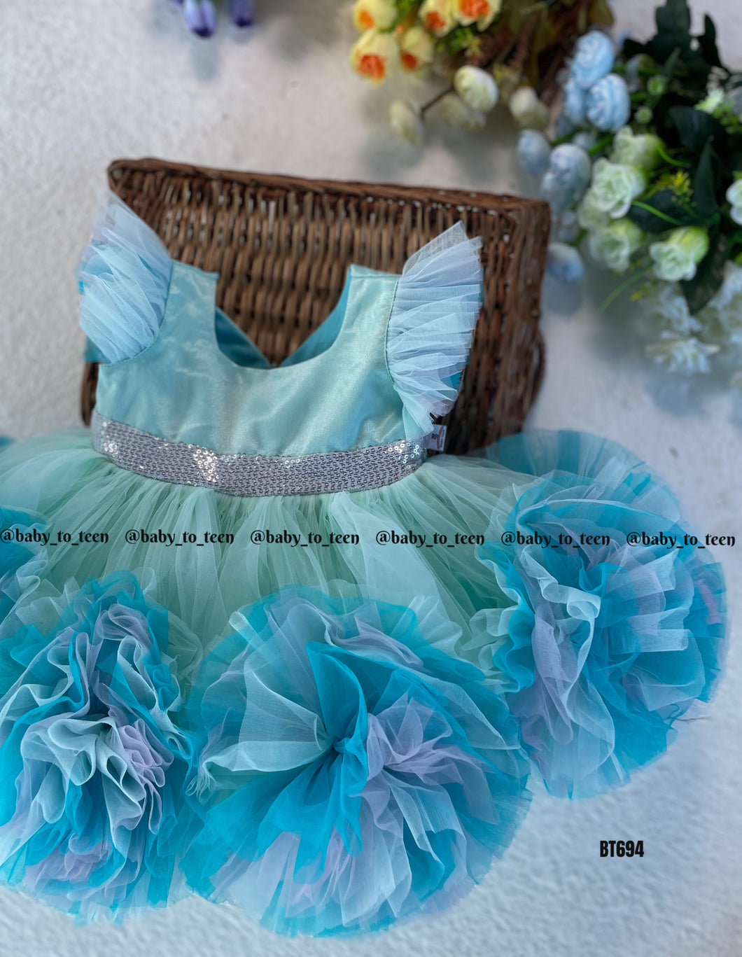 BT694 Aqua Elegance: Chic Celebration Dress for Little Darlings
