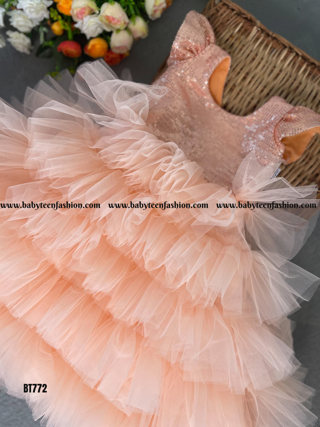 BT772 Peachy Keen Sparkle: Festive Frock for Tiny Trendsetters