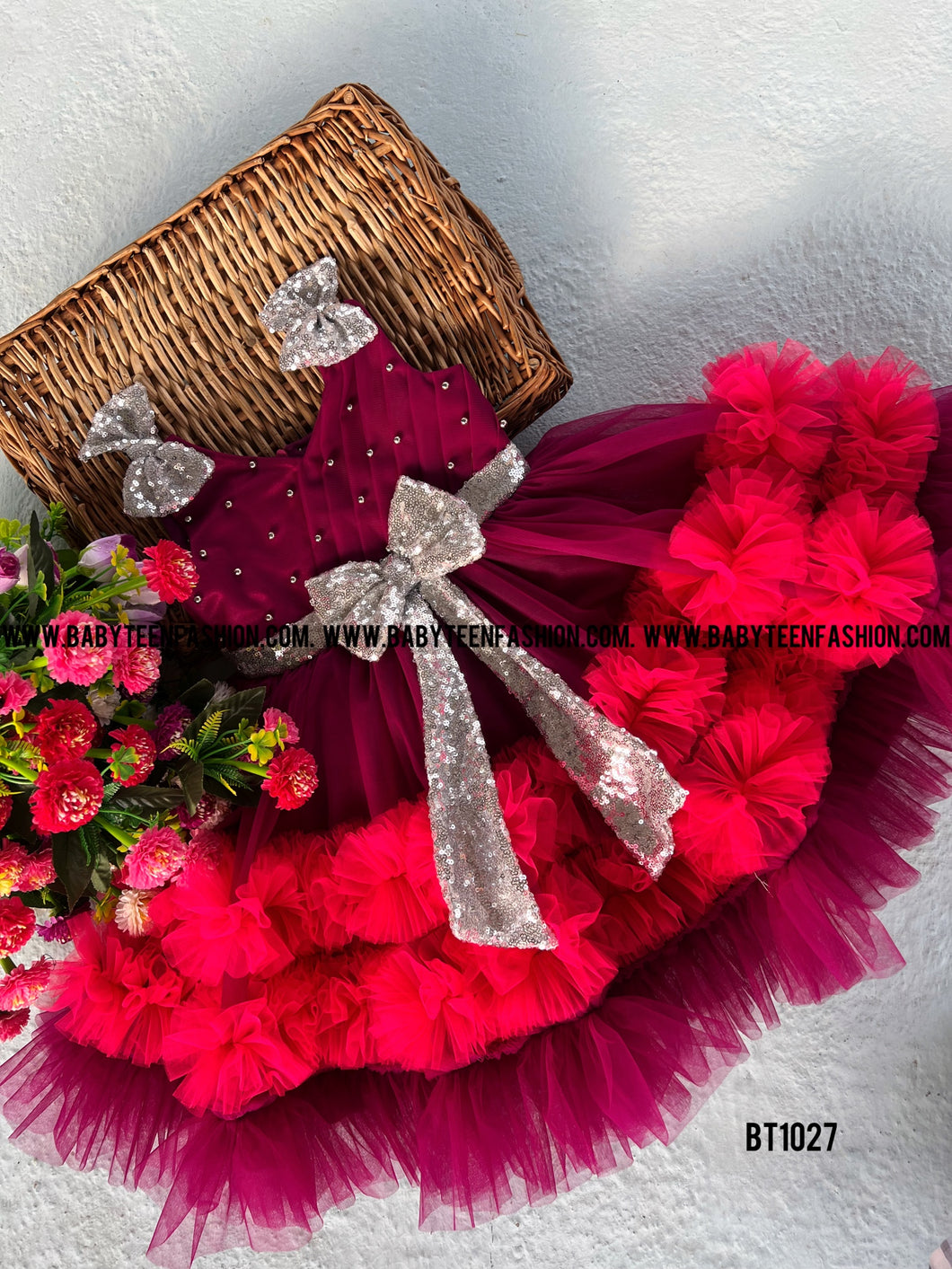 BT1027 Crimson Glitter Gala Dress - Sparkle with Every Twirl