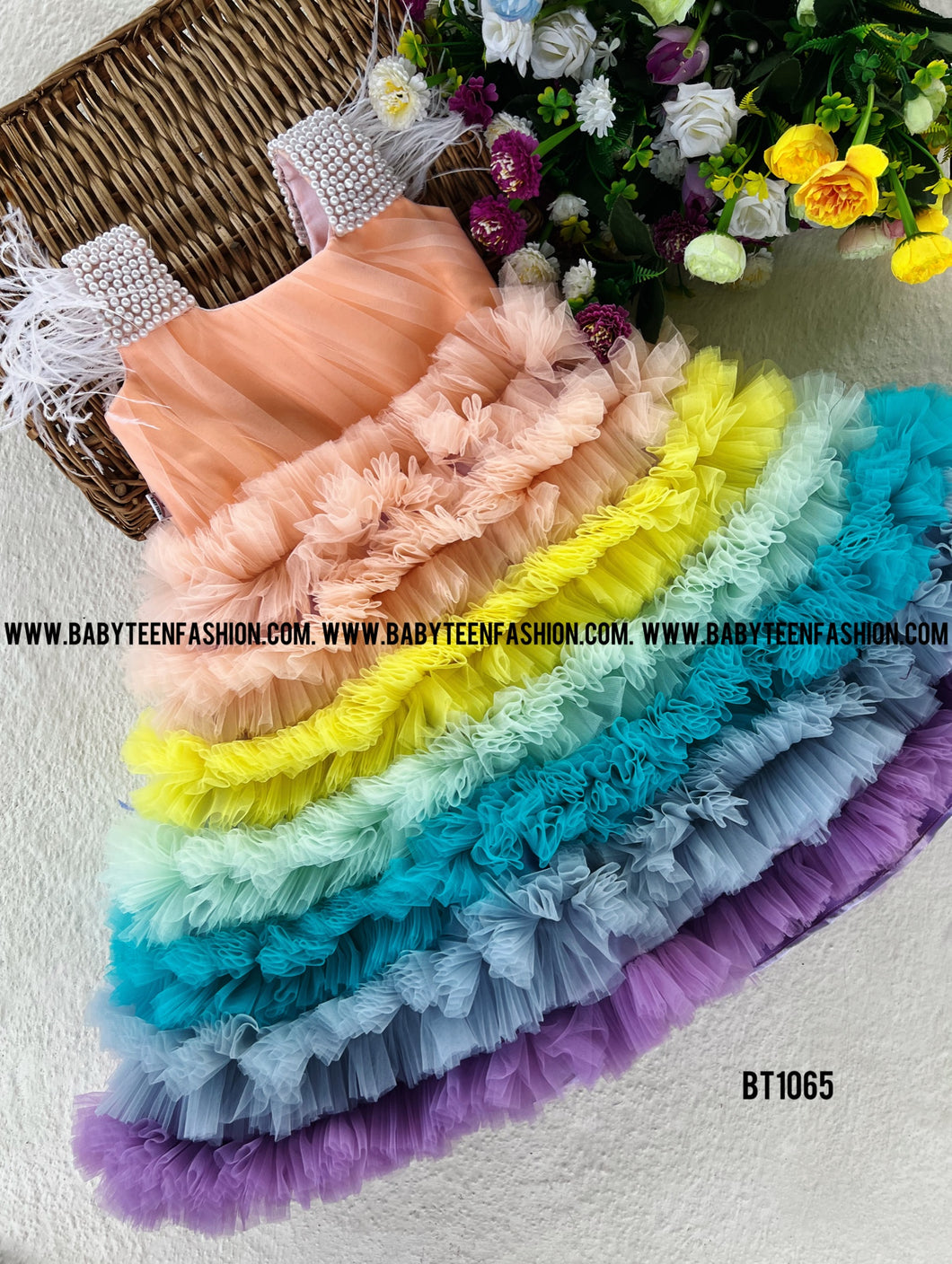 BT1065 Rainbow Ruffles Delight – Baby's Vibrant Party Dress