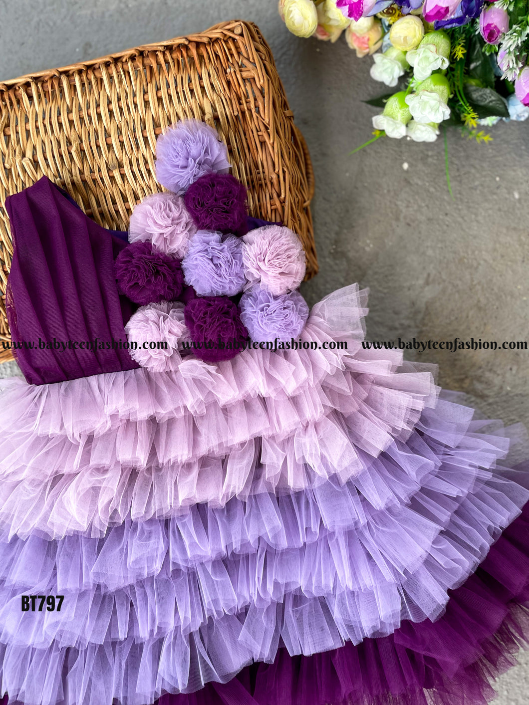 BT797 Flowers Embossed Multilayered Sleeveless Birthday Frock  in Shades of Purple