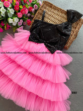 Load image into Gallery viewer, BT817 Midnight Sparkle & Fuchsia Flounce: Chic Celebration Dress