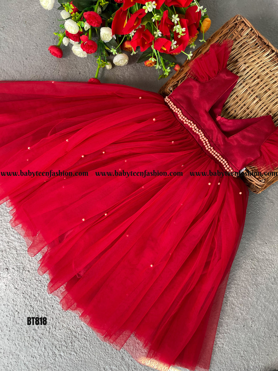 BT818 Crimson Charm – Luxe Festive Gown for Petite Fashionistas