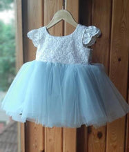 Load image into Gallery viewer, BT100 Iceblue with White Birthday Frock With Huge Back Bow Highlight for Baby to Teenage Girls
