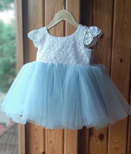 BT100 Iceblue with White Birthday Frock With Huge Back Bow Highlight for Baby to Teenage Girls