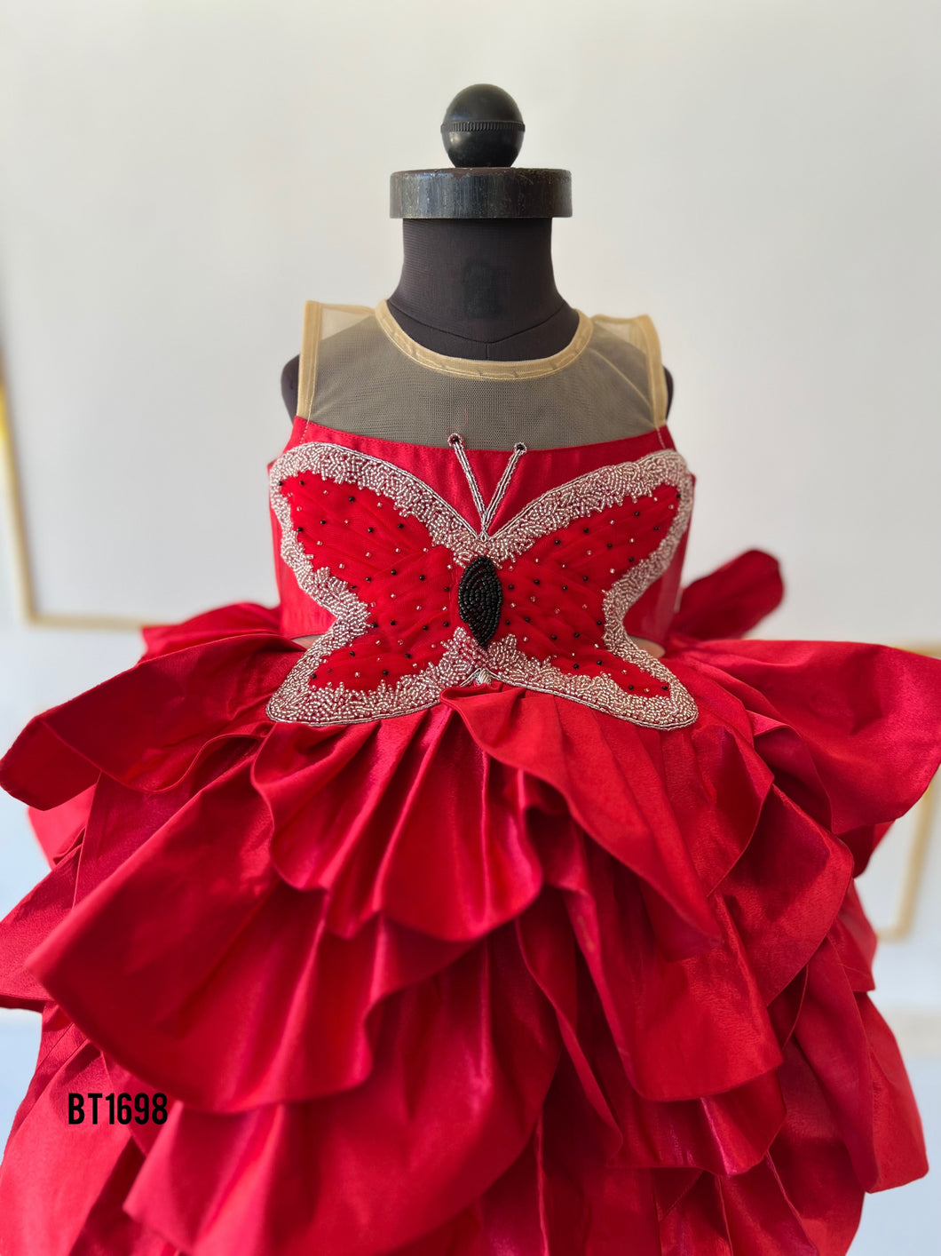 BT1698 Butterfly Hand Embroidered Party Wear Frock  For Baby Girls
