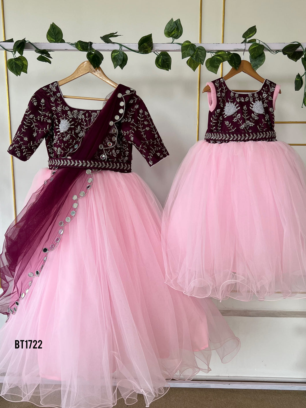 BT1722 Blossom Royale: Maroon and Blush Pink Mommy & Me Gowns