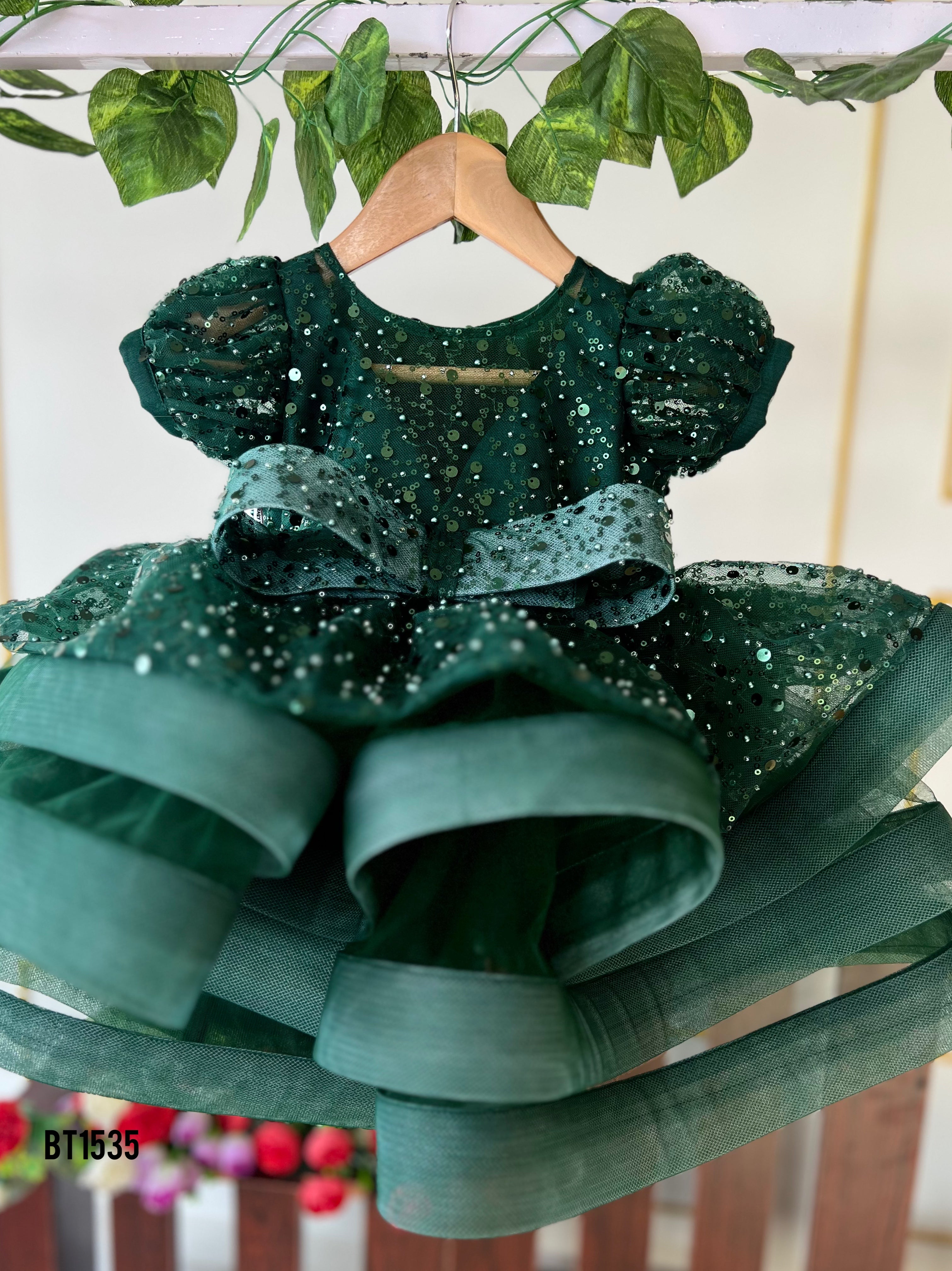emerald green infant dress BT1535 Enchantment : Enchanted Forest Collection – BabyTeen Fashion Size:5 USA (Mex 22) bedroom-furniture Vibrant Orange and Blue big bow on the