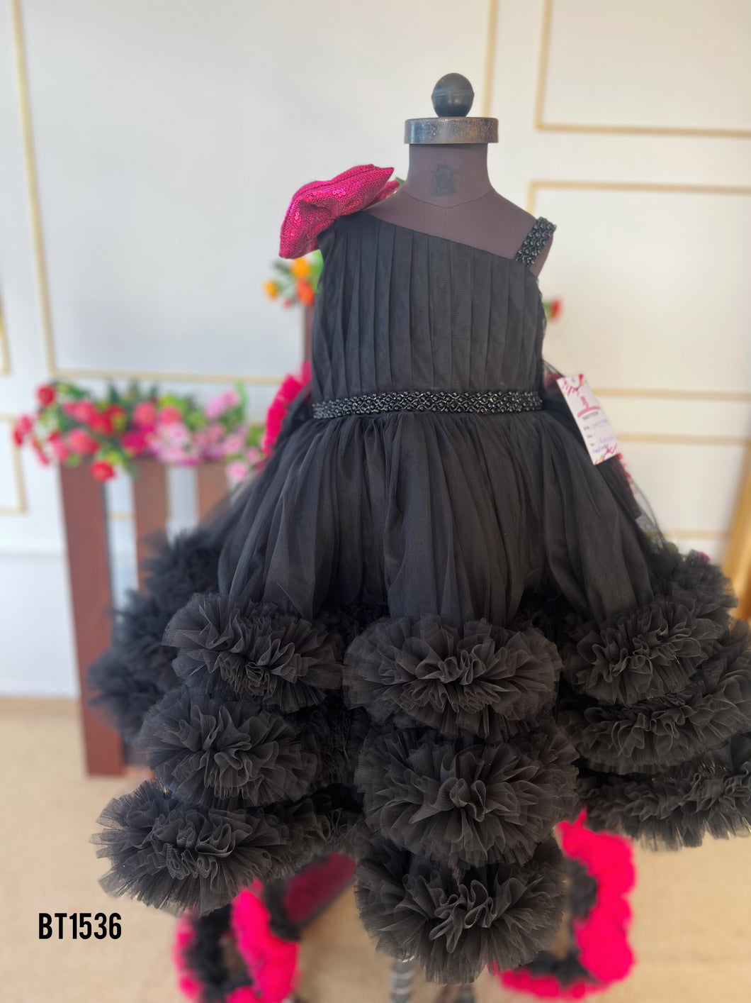 BT1536 Midnight Blossom Frolic Frock – Elegance in Ebony for Petite Parties