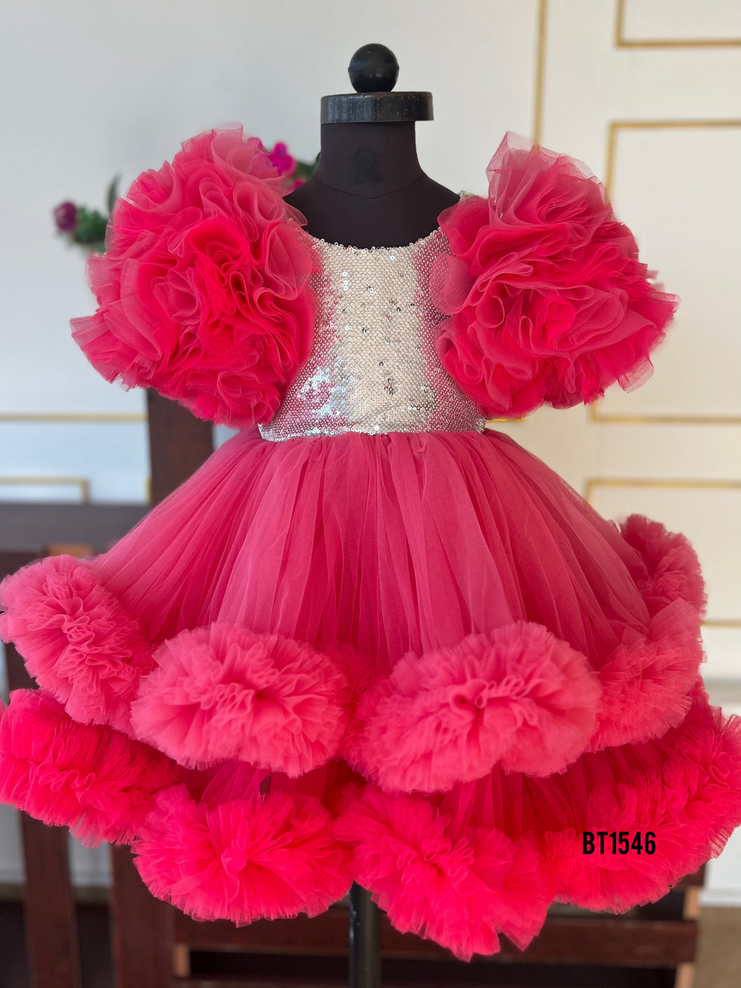 BT1546 Hotpink Sequins Ruffle Birthday Party wear Frock