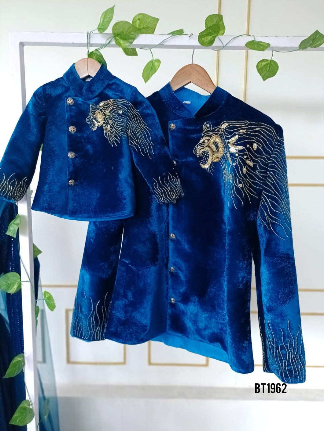 BT1962 Royal Blue Lion Embroidered Dad Son Party Wear Combo
