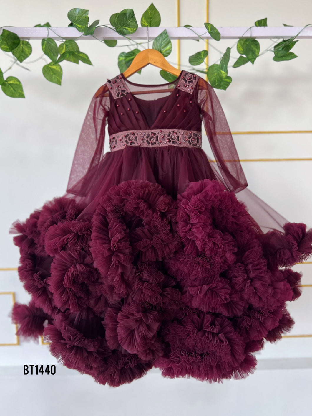 BT1440 Majestic Maroon Elegance Gown with Bejeweled Belt for Little Ladies