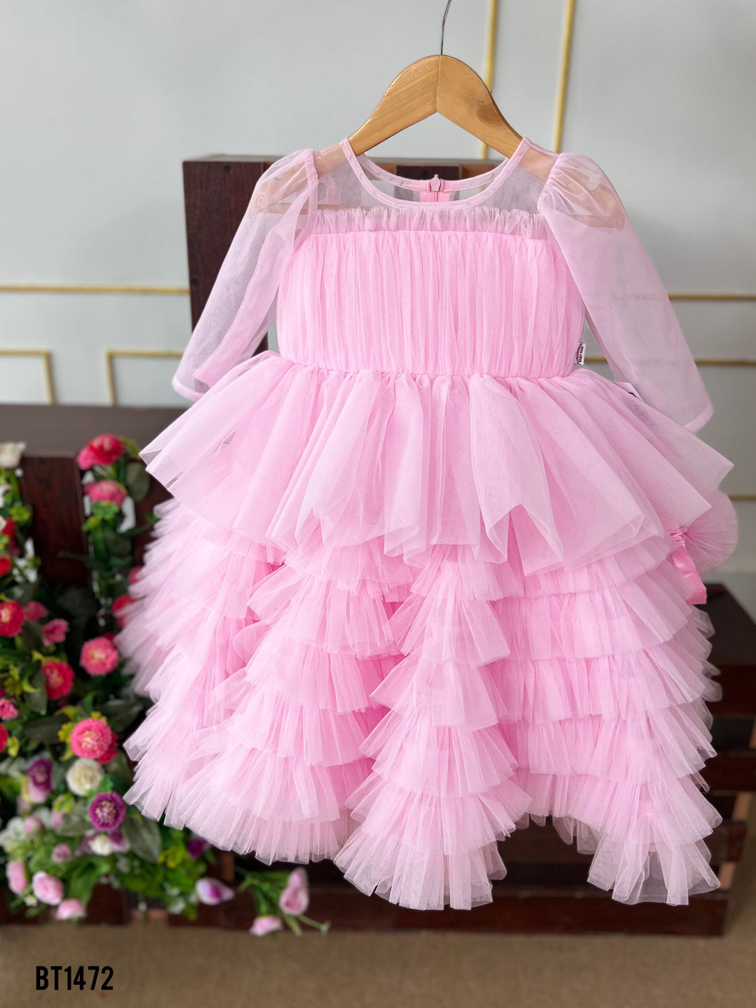 BT1472 Baby Pink Heavy Flair Birthday Frock