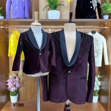 Load image into Gallery viewer, BT2569 Maroon Velvet Dad–Son Matching Blazer Set with Black Bead Embroidery – Luxury Party &amp; Event Wear

