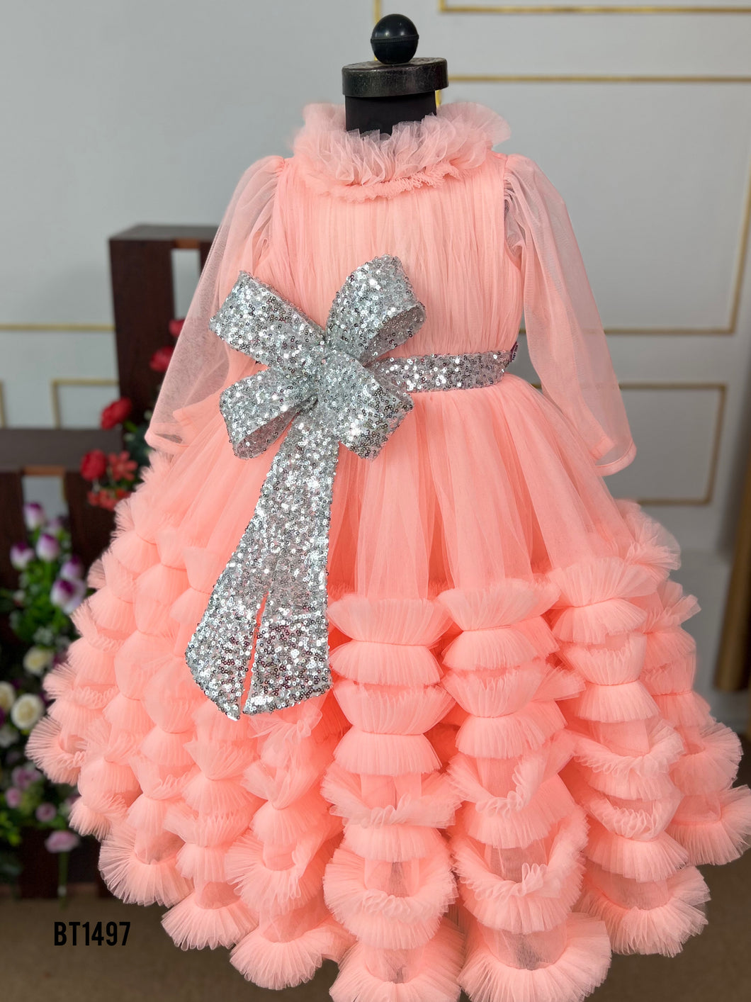 BT1497 Peach Shimmer Cascade Dress - Elegance in Whirls!