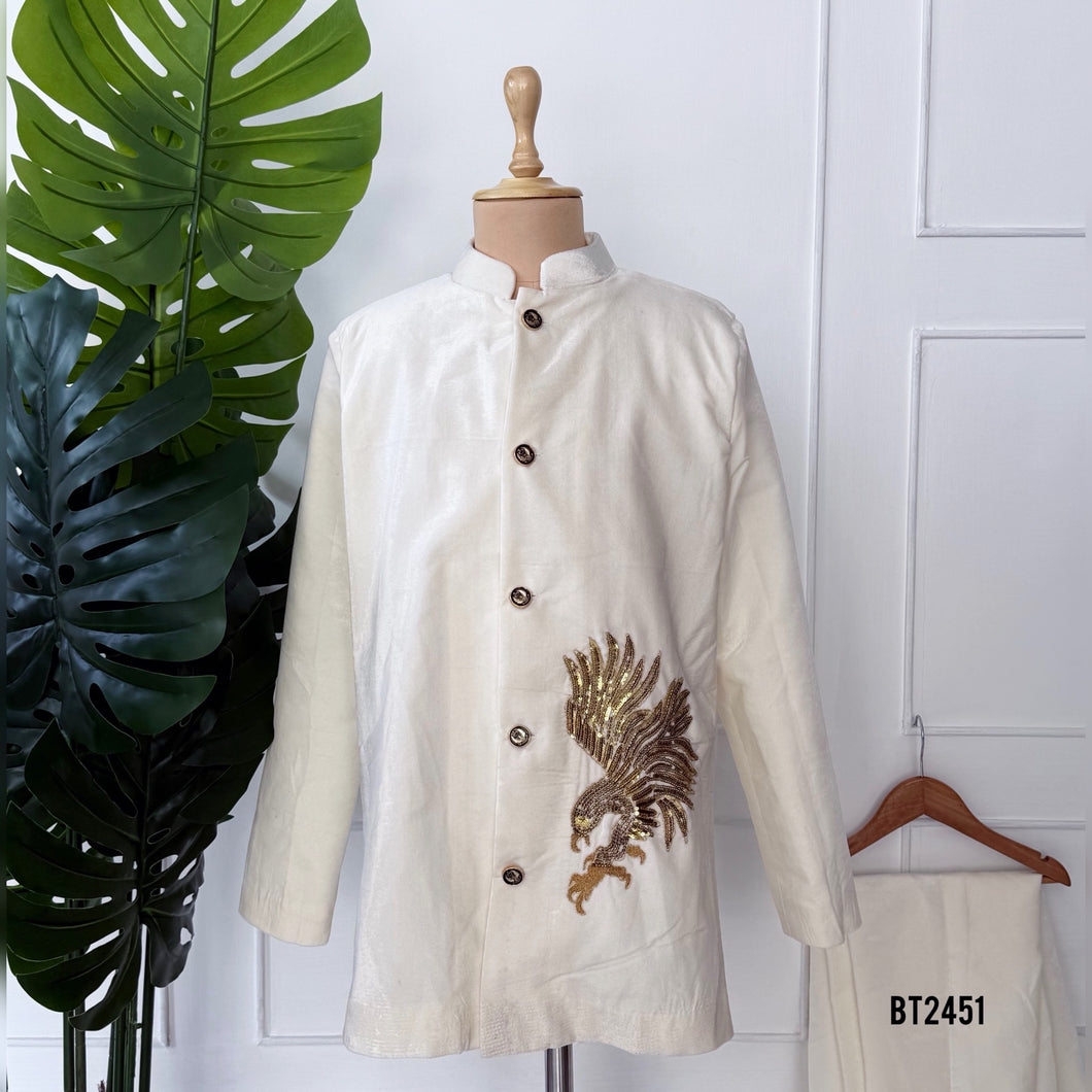 BT2451 Designer Baby Boy Ivory Kurta Set with Golden Eagle Hand Embroidery