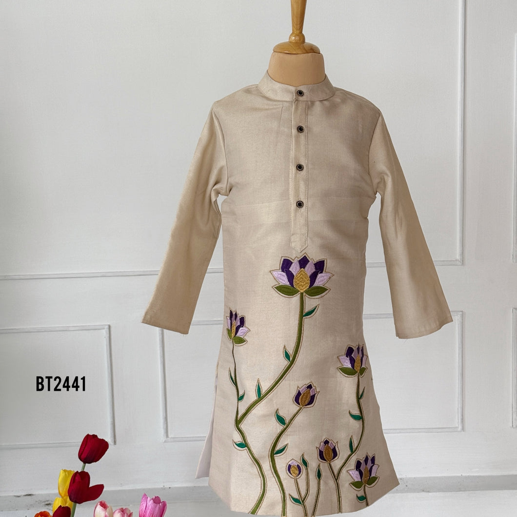 BT2441 Designer Baby Boy Beige Kurta with Handcrafted Purple Floral Embroidery
