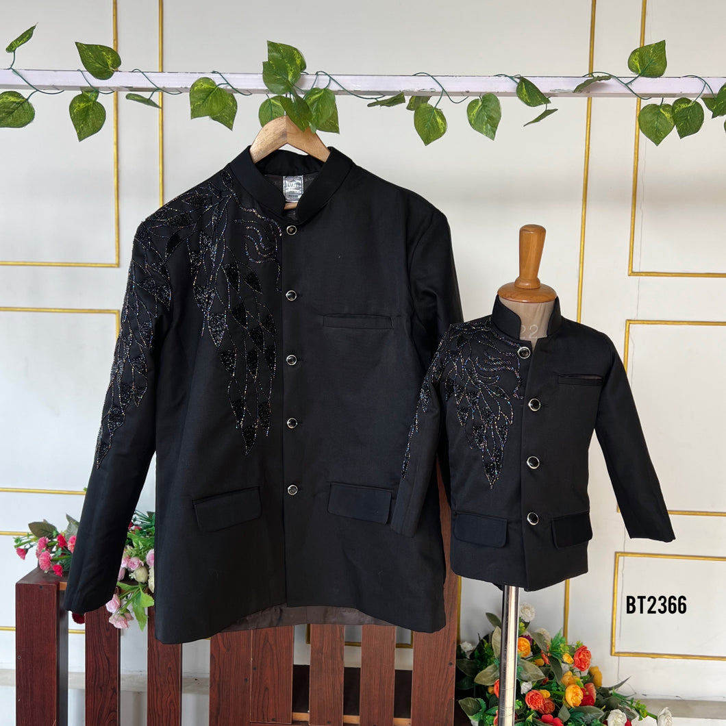 BT2366 Dad & Son Black Embroidered Combo – Matching Party Wear Set for Boys & Men