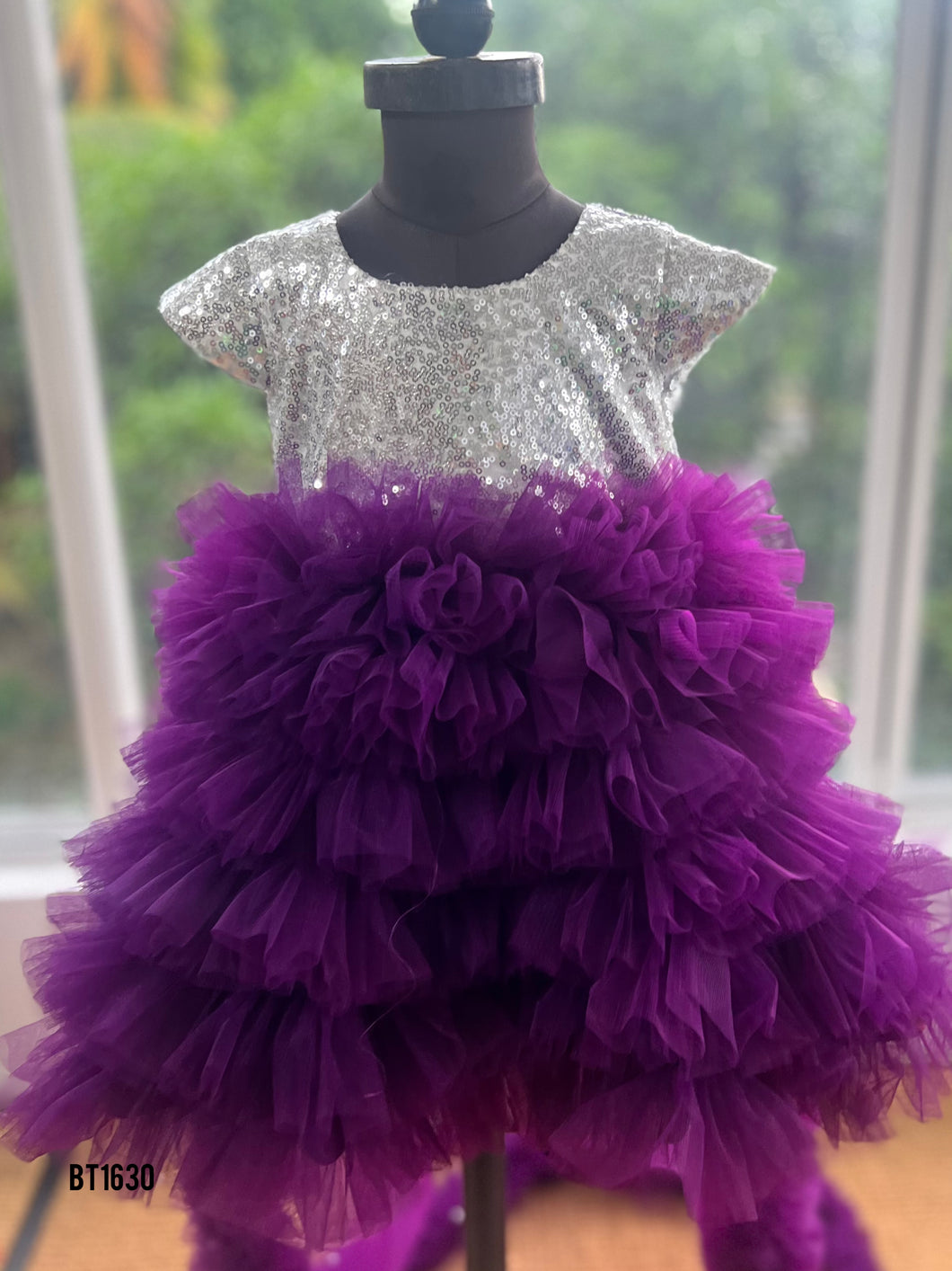 BT1630 Long Tail Sequins Birthday Party Wear Frock For Baby Girls
