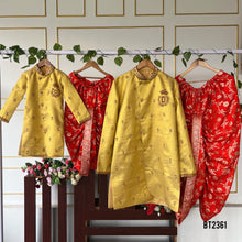 Load image into Gallery viewer, BT2361 Family Twinning Yellow Kurta &amp; Red Dhoti Set – Dad &amp; Son Combo Outfit
