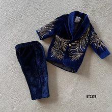 Load image into Gallery viewer, BT2379 Royal Navy Blue Velvet Baby Boy Blazer with Golden Sequin Embroidery – Luxury Kids Party Wear
