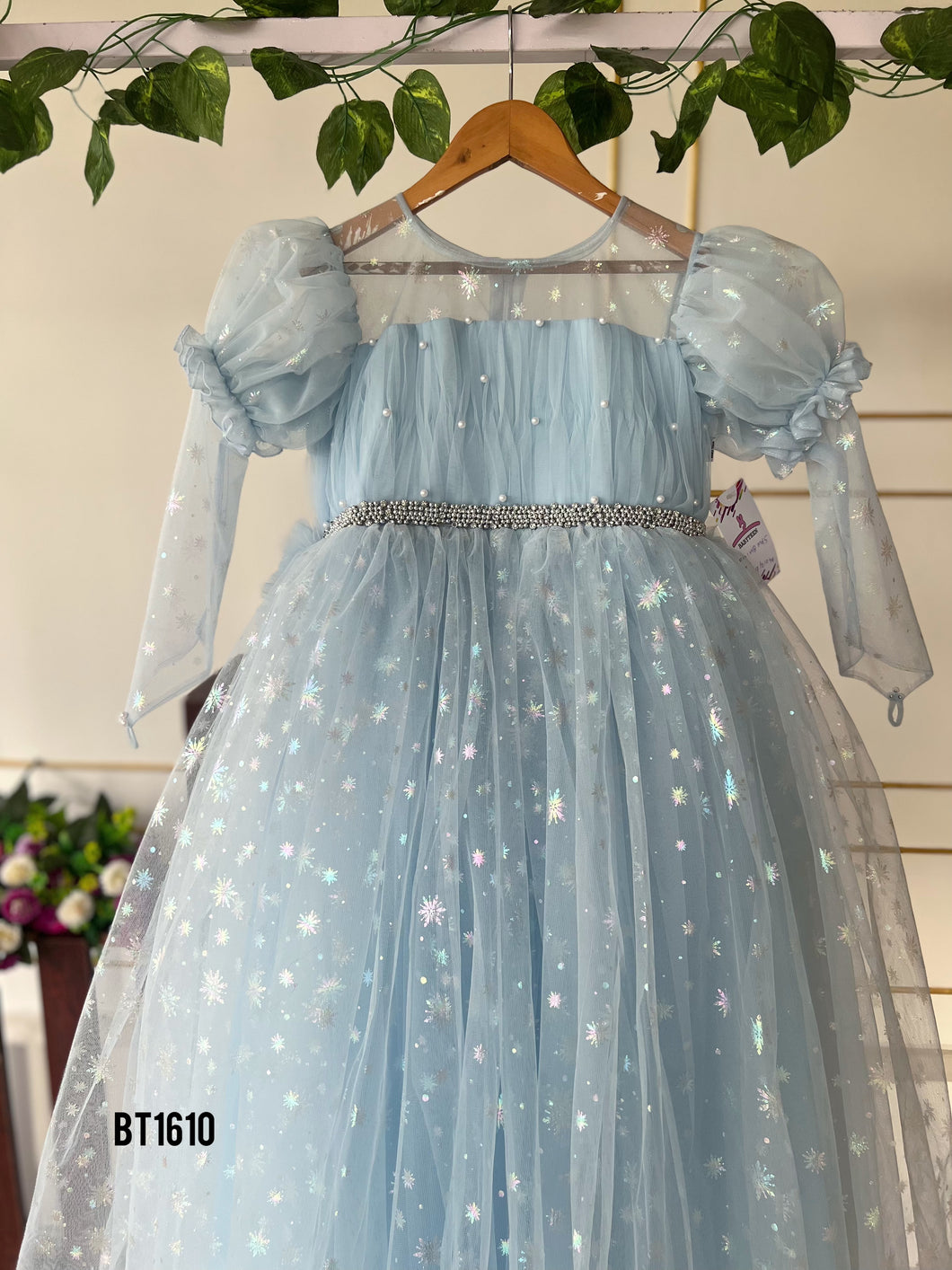 BT1610 Ice Blue Star Theme Bling Birthday Party Wear Frock For Baby Girls
