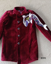Load image into Gallery viewer, BT2173 Velvet Maroon Masterpiece Boys Party Wear Jodhpuri Suit with Artistic Shark Flair 🎨✨
