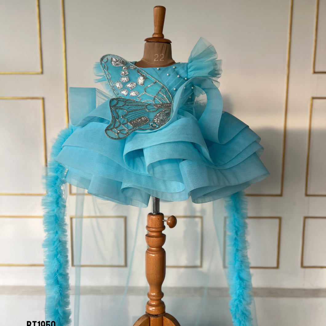 BT1950 Magical Blue Butterfly Baby Dress – Perfect for Celebrations