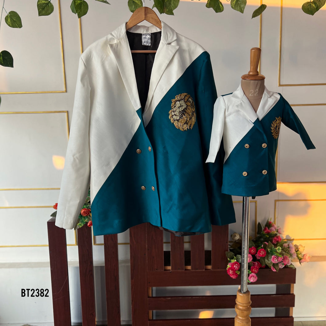BT2382 Regal Father-Son Blazer Duo in Teal & Ivory with Royal Crest Embroidery
