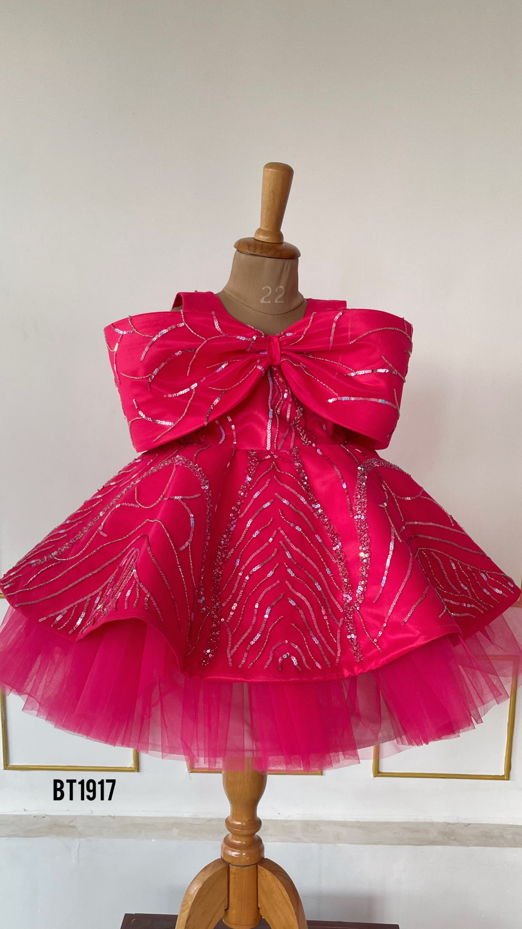 BT1917 Crimson Sparkle: Radiant Baby Party Dress