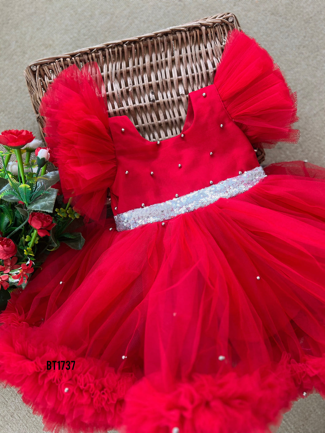 BT1737 Ruby Red Radiance Dress - A Sparkling Celebration for Your Little Star