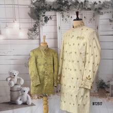 Load image into Gallery viewer, BT2517 Premium Father Son Sherwani Combo – Ivory &amp; Olive Gold
