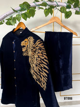 Load image into Gallery viewer, BT1998 Majestic Lion Embroidered Navy Velvet Suit for Dad – Command the Spotl
