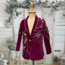 Load image into Gallery viewer, BT2623 Maroon Velvet Baby Boy Blazer with Crystal Handwork | Luxury Party Wear Jacket for Boys | Birthday Wedding Reception Outfit
