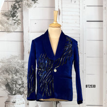Load image into Gallery viewer, BT2530 Royal Blue Designer Baby Boy Velvet Party Blazer with Black Sequin Detailing
