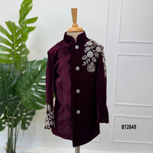 Load image into Gallery viewer, BT2649 Royal Wine Velvet Embroidered Indo Western Sherwani for Baby Boy
