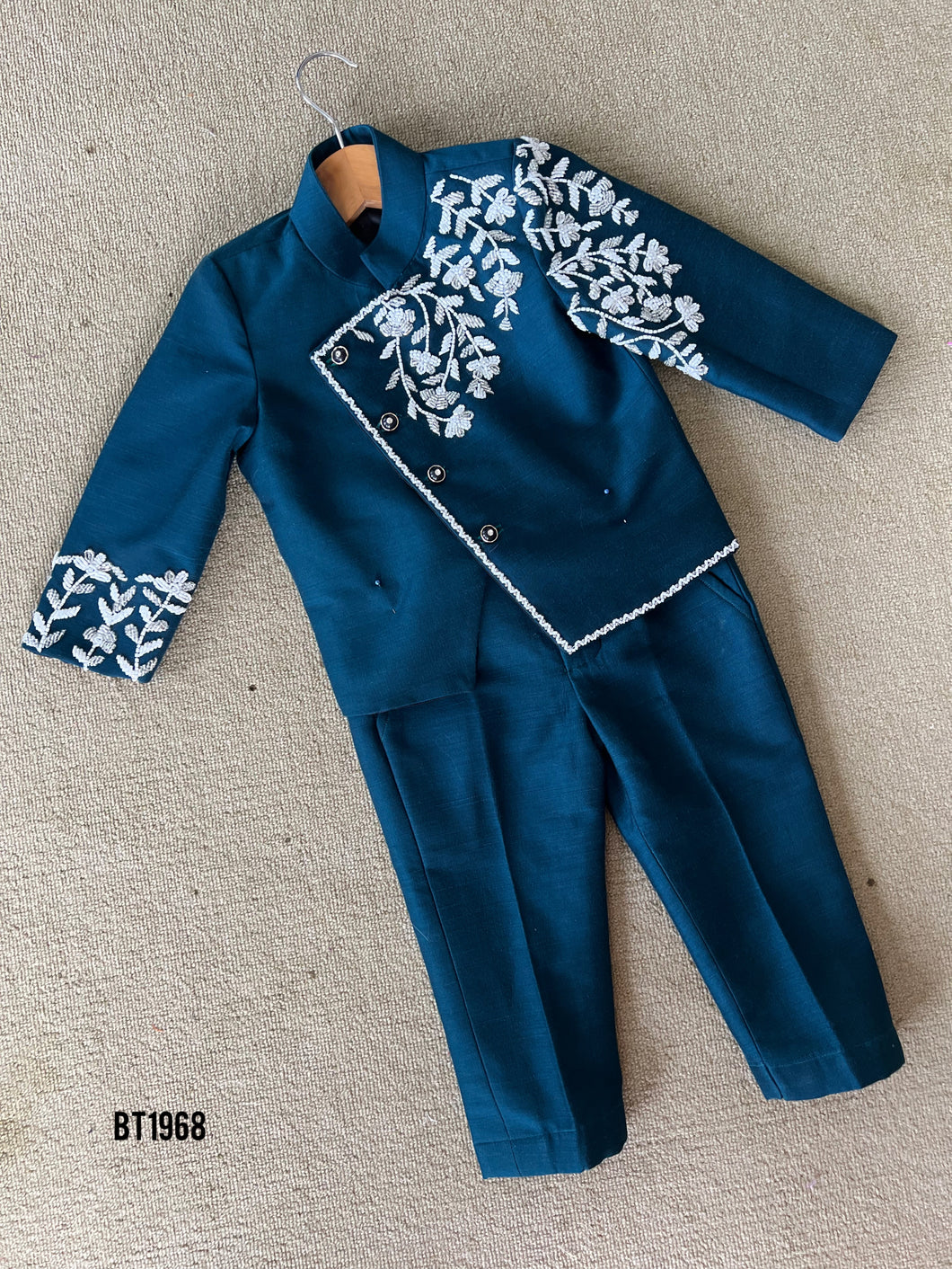 BT1968 🌿 Teal Floral Embroidered Party Wear Jacket Set for Little Boys 🌟