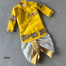 Load image into Gallery viewer, BT2403 Yellow Boys Kurta with Elephant Embroidery &amp; Golden Dhoti – Traditional Festive &amp; Wedding Outfit
