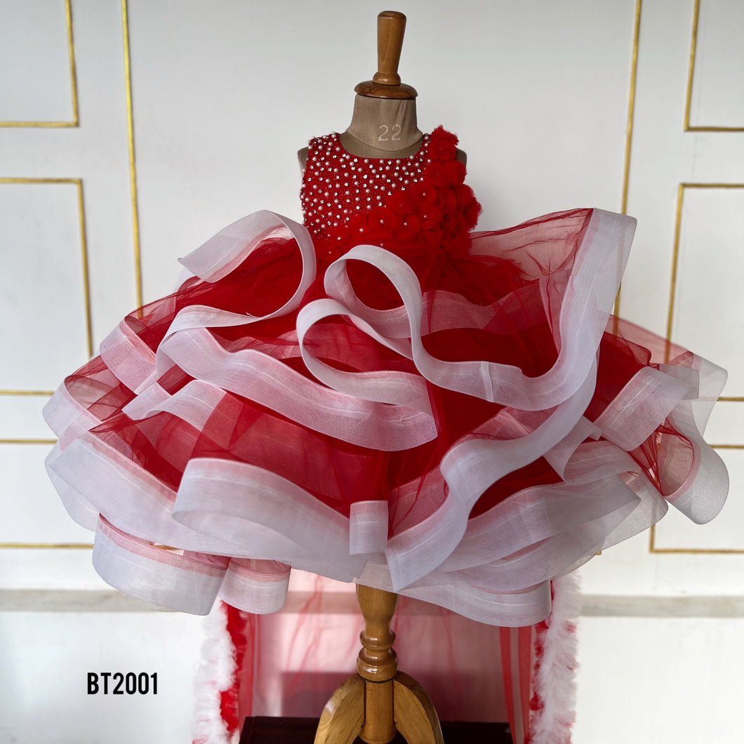 BT2001 🎀 Red & White Twirl Princess Dress – Perfect for Little Stars 🌟👧