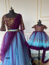 Load image into Gallery viewer, BT1653 Majestic Mosaic: Regal Purple and Enchanted Blue Mommy &amp; Me Gowns
