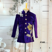 Load image into Gallery viewer, BT2495 Royal Purple Velvet Baby Boy Sherwani | Golden Floral Embroidered Party Outfit
