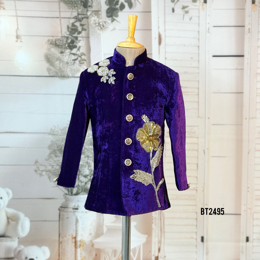 BT2495 Royal Purple Velvet Baby Boy Sherwani | Golden Floral Embroidered Party Outfit