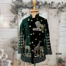Load image into Gallery viewer, BT2619 Dark Green Velvet Baby Boy Indo Western with Animal Theme Handwork | Luxury Birthday Wedding Party Wear Dress for Boys

