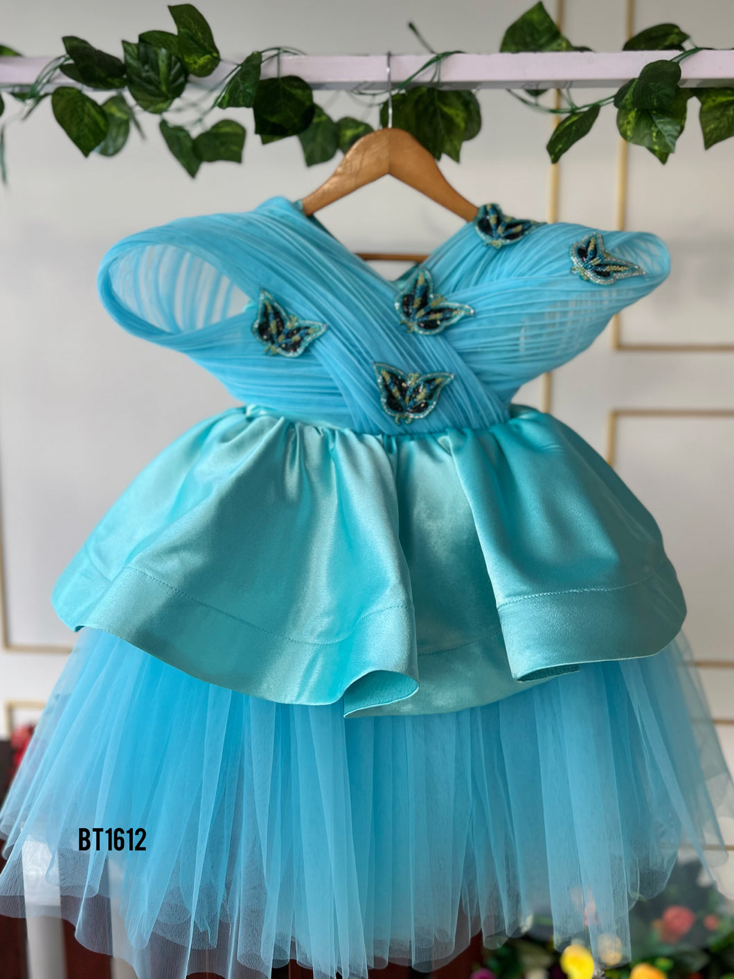 BT1612 Aqua Elegance: Enchanting Butterfly Gown for Tiny Trendsetters