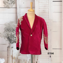 Load image into Gallery viewer, BT2540 Wine Velvet Gold-Embroidered Party Blazer for Boys
